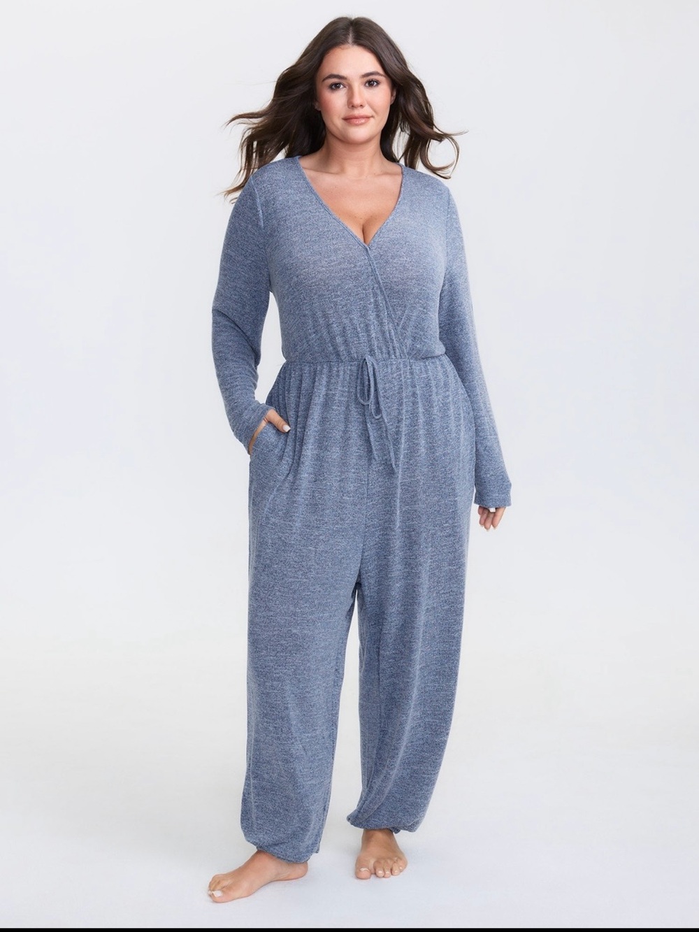 Cozy Wrap-Front Long-Sleeve Romper Jumpsuit - Blue